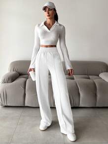 SHEIN Cottnline 女性休閒彈性腰筒直筒褲 - 彩色 - 查看 2