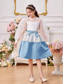 Tween Girl Round Neck Lantern Sleeve Mesh Embroidery Shirt With Detachable Belt & Skirt Set - Blue - View 4