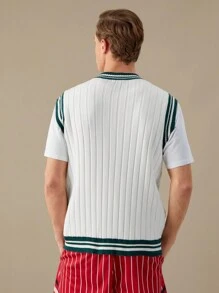 SWAVVY Men Striped Trim Cable Knit Sweater Vest,Back To School - White - View 3