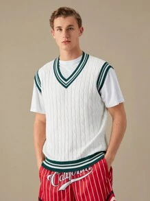SWAVVY Men Striped Trim Cable Knit Sweater Vest,Back To School - White - View 4