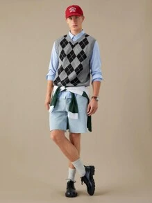 Manfinity RebelGame 男式菱形图案毛衣背心，返校 - 灰色 - 查看 4