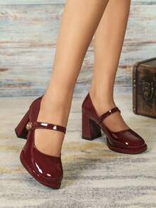 Zapatos de tacón grueso y punta redonda estilo Mary Jane sexy con plataforma impermeable - Burdeos - Ver 7