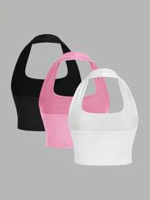 SHEIN EZwear 3pcs Women's Summer Casual Tight Crop Tops, Halterneck Style Back To School - Multicolor - View 2