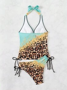 Swim Lushoire 女款拼接豹紋露背背心比基尼套裝，適用於度假/海灘 - 彩色 - 查看 5