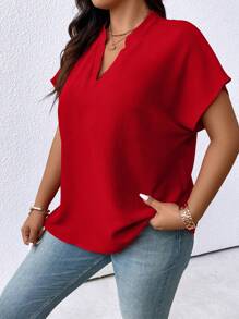Plus Size Plain Color V-Neck Batwing Sleeve Simple Summer Shirt For New Year Clothes - Red - View 1