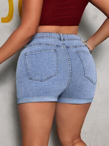 SHEIN EZwear 大尺碼純色簡約日常風格破洞牛仔短褲 - 淺色水洗藍 - 查看 4