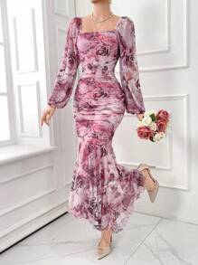 Feyla 女士优雅花朵印花灯笼袖修身美人鱼长裙，春夏长款晚礼服 - 彩色 - 查看 6