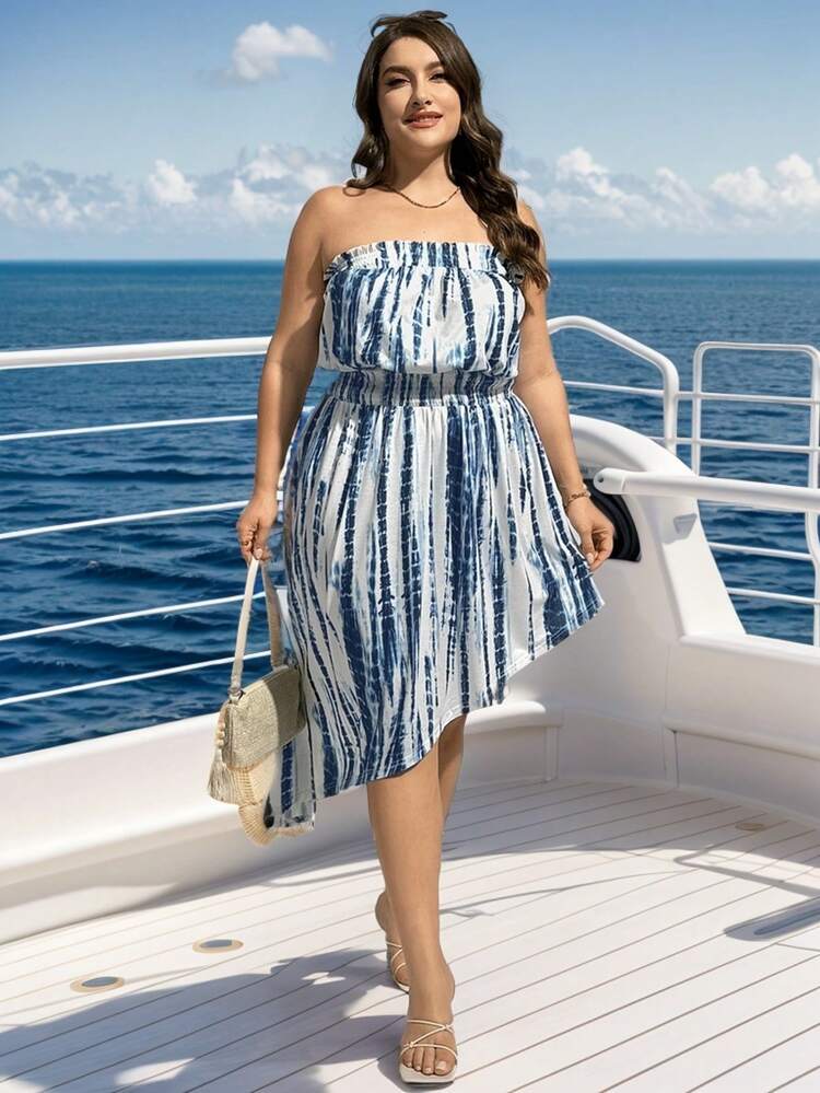 Plus Size Women's Tie Dye Summer  Beach Vacation Tube Dress, Asymmetric Hem Elastic Waist Casual Sundress, Women Cruise Outfit