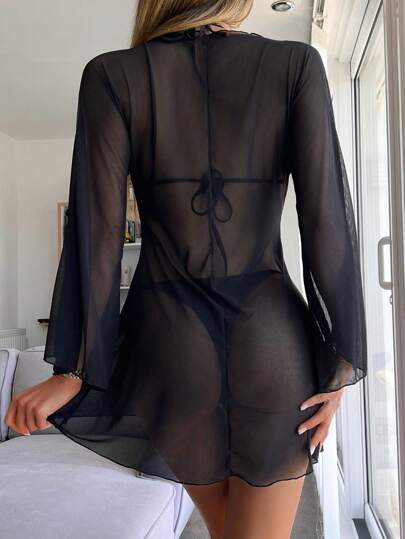 Swim Chiccia Beach Holiday Solid Color Lantern Sleeve Sheer Cover Up Kimono With Tie Front Summer
