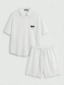 SHEIN EZwear Ladies' Fashionable Street-Style Knitted Texture Plaid Fabric Shirt And Shorts Set, Suitable For Spring And Summer - White - View 1