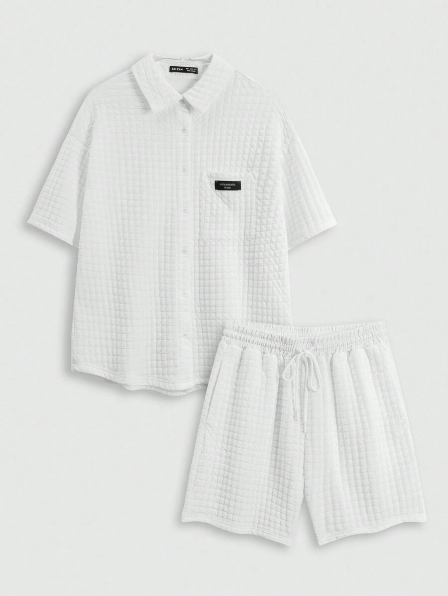 SHEIN EZwear Ladies' Fashionable Street-Style Knitted Texture Plaid Fabric Shirt And Shorts Set, Suitable For Spring And Summer - White - View 1