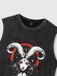 ROMWE MEN Anime 男式深色哥特式角与女人印花水洗做旧背心，春夏，万圣节 - 黑色 - 查看 3