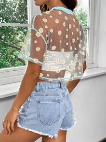 SHEIN EZwear Blusa de malla transparente con estampado de margaritas para mujer en verano - verde menta - Ver 3