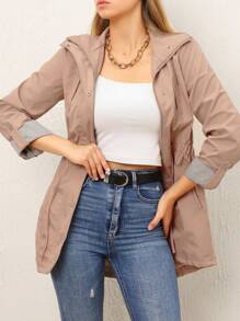 RueChic Zip Up Snap Button Elastic Waist Hooded Coat - Apricot - View 4