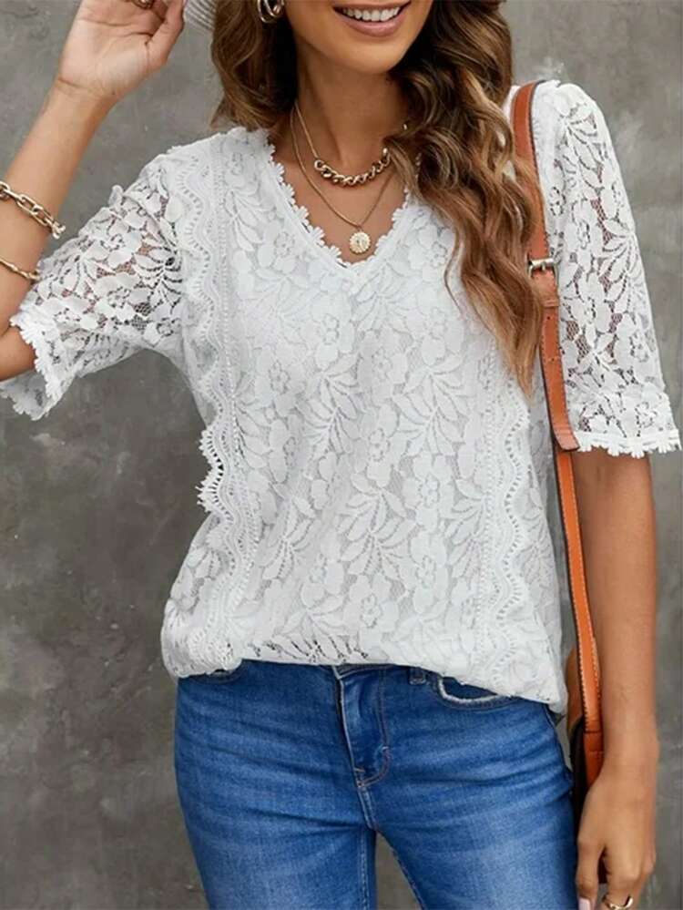 Lace Trimmed Ladies' Summer Short Sleeve V-Neck Elegant Blouse