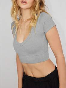 Crop top pentru femei, cu decolteu în V, cu mânecă scurtă, pentru femei