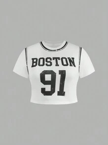 SHEIN MOOSTA Plus Size Round Neck Contrast Letter & Number Print Short Sleeve T-Shirt For Summer - Multicolor - View 8