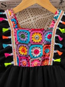 少女休閒優雅假日拼接數字印花連衣裙 - 黑色 - 查看 6