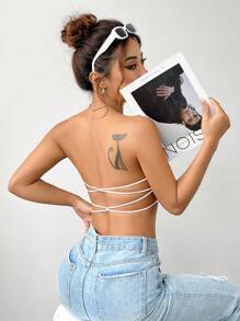 SHEIN EZwear Crop top de mujer ultra corto sin respaldo y sin tirantes - Blanco - Ver 4