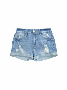 女士破口袋卷边 V 腰洗水牛仔短裤