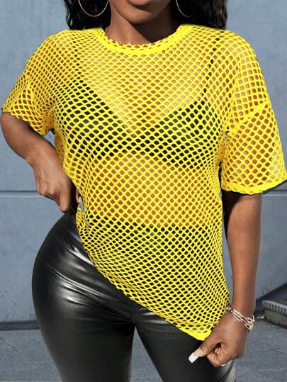 Slaydiva Music Festival Black Versatile Sexy Casual Loose Mesh Crochet Women's Short Sleeved T-Shirt Top