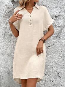 SHEIN LUNE Vestido camisero informal de mezcla de algodón y lino para el verano, con cuello mao, decoración de botones en la espalda, superposición y bajo asimétrico para mujeres - Albaricoque - Ver 3
