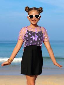 Tween Girl Vacation Butterfly Print Casual One-Piece Swimsuit With Mesh Short Sleeve Cover-Up Top - Multicolor - View 8