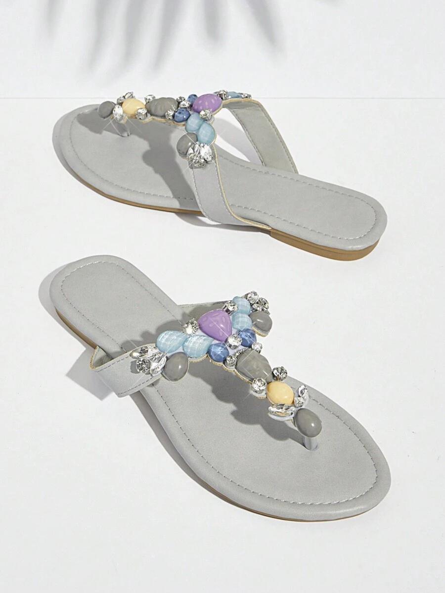SHUZIA Women's Fashionable Rhinestone Thong Flat Sandals For Summer Vacation - Grey - View 1