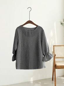 INAWLY Camisa de cuadros casual de manga acampanada para primavera/verano en talla grande - Negro - Ver 4