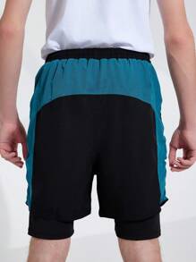 Teen Boy Casual Color-Block Drawstring Waist Sports Shorts For Summer - Black - View 2