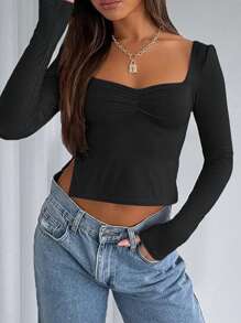 春夏新款INS甜心领长袖侧开衩Y2K风格黑色休闲T恤 - 黑色 - 查看 2