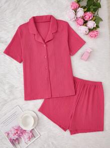 SHEIN Women's Pink Solid Color Shorts And Short Sleeve Casual Home Outfit Set - Pink - View 3