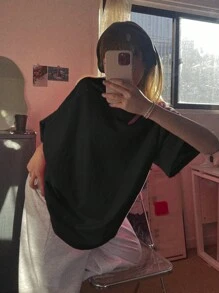 DAZY Women's Summer Loose-Fit Round Neck T-Shirt With Drop Shoulder Sleeves, Solid Color Oversized T-Shirt,Back To School Clothes