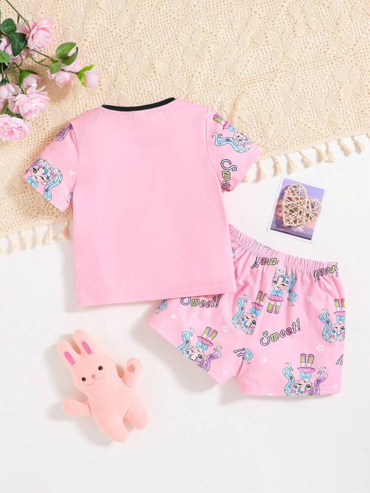 Young Girl Summer Cartoon Print Casual Flame-Resistant Pajama Set With Short-Sleeve Top And Shorts