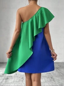 Calvaya Robe d'été asymétrique avec encolure en bloc de couleur et ourlet à volants
