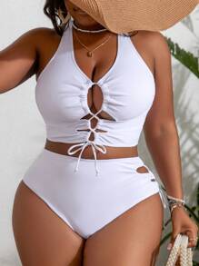 SHEIN Slayr CURVE 大码纯色后背交叉系带镂空简约休闲泳衣套装夏季 - 白色 - 查看 4