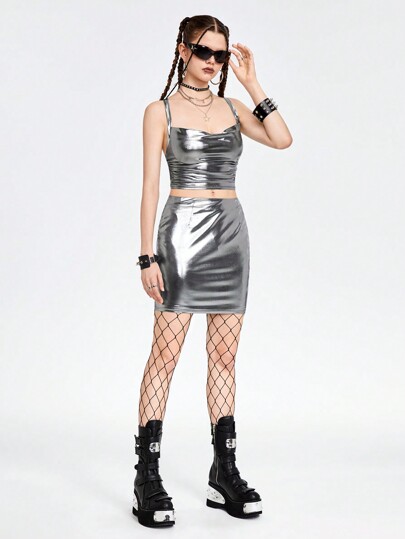 Grunge Punk Ensemble haut de camisole et jupe moulante pour femmes, réfléchissant recouvert de laser pour festival de musique sexy