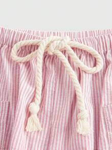 ROMWE Casual Loose Straight Pants For Women, Striped Tie Waist Linen Trousers For Home And Daily Wear, School - Pink - View 4