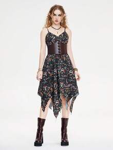ROMWE Hippie Gaun Slip Gaya Liburan Wanita dengan Motif Bunga Botanikal dan Hem Asimetris - MultiWarna - View 1