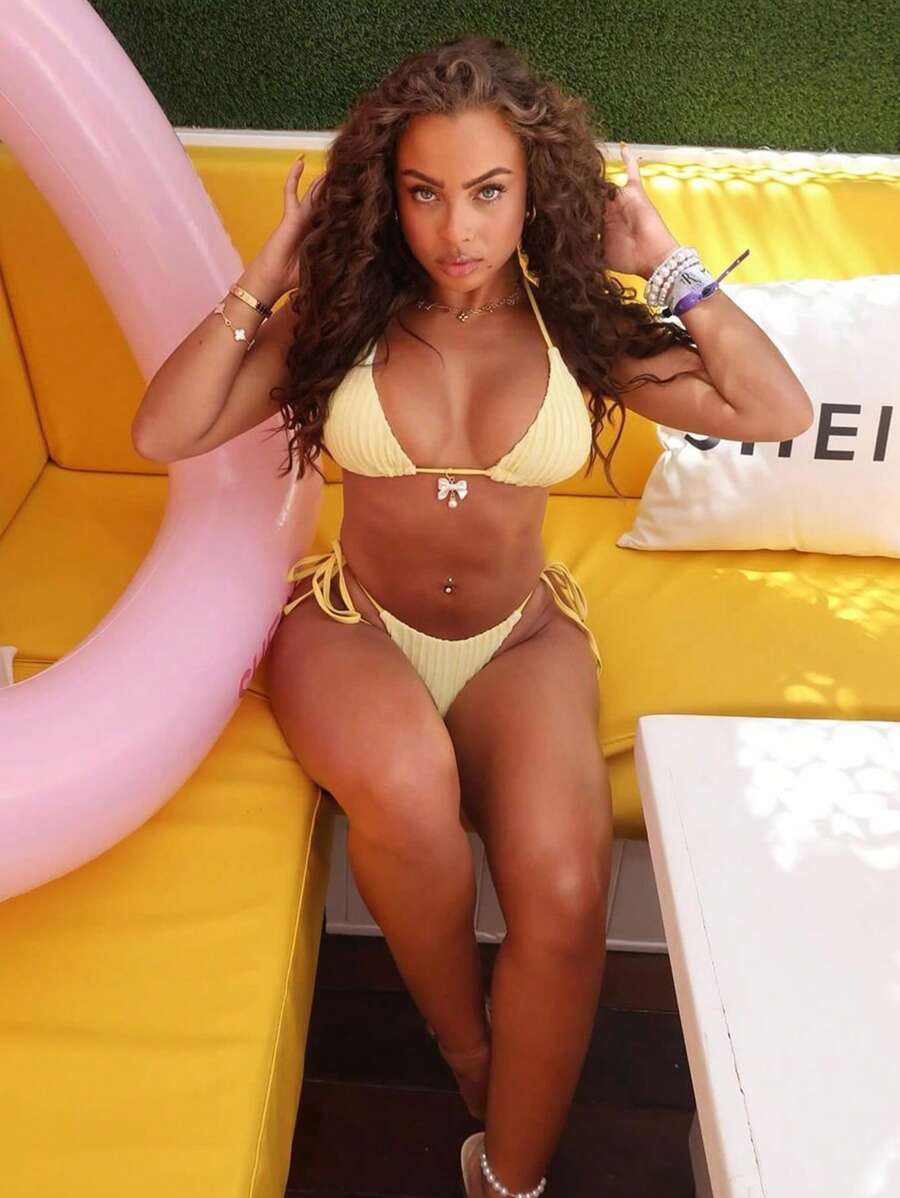 Swim Mod Summer Beach Solid Color Halterneck Separated Bikini Set Music Festival - Yellow - View 1