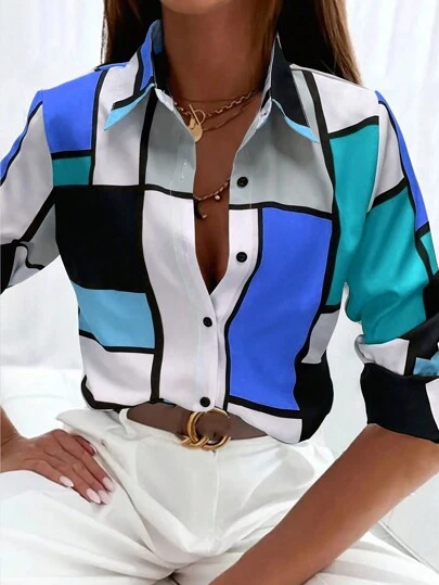 INAWLY Women's Colorblock Printed Casual Single-Breasted Long Sleeve Shirt, Daily Wear,Long Sleeve Tops Fall Cloth For Women