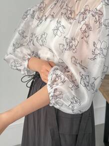 FRIFUL Women Fashion Flower Print Mid Sleeve Shirt Sheer - White - View 6
