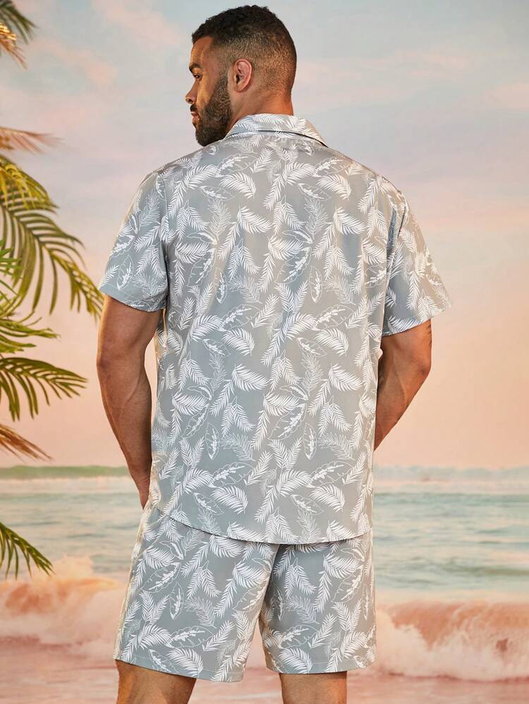 Plus Size Allover Print Button-Up Short Sleeve Shirt And Shorts Casual Set For Summer