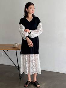 FRIFUL Designer 女士宽松V领撞色灯笼袖荷叶边连衣裙，春秋季吊带裙，休闲女式长袖连衣裙 - 黑色 - 查看 6