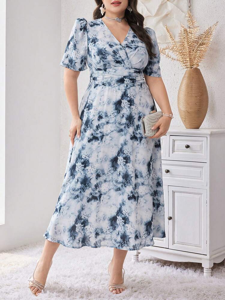Plus Size Summer Elegant Tie-Dye Floral Printed Puff Sleeve Waist Cinched Waist Dress