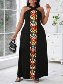 SHEIN Lady Sukienka plus size z nadrukiem, bez rękawów, wiązana na szyi, elegancka na imprezy i wyjścia, wyszczuplająca, idealna na lato, festiwal, koncerty muzyki country, wysokie kobiety