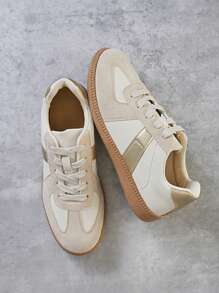 SHUZIA Giày thể thao nữ Replica Germany Trainer Retro buộc dây mũi tròn đế cao su màu be vàng – Giày mùa hè Giày mùa xuân Valentine thiết yếu cho ngày lễ năm mới cổ điển và đa năng - Màu be - Xem 5