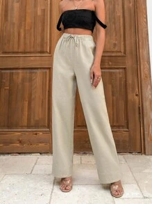 SHEIN Cottnline 米色弹力腰亚麻裤 255 - 米色 - 查看 3