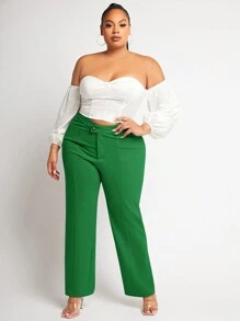 SHEIN SXY Plus Size Casual Business Solid Color Pants - Green - View 5