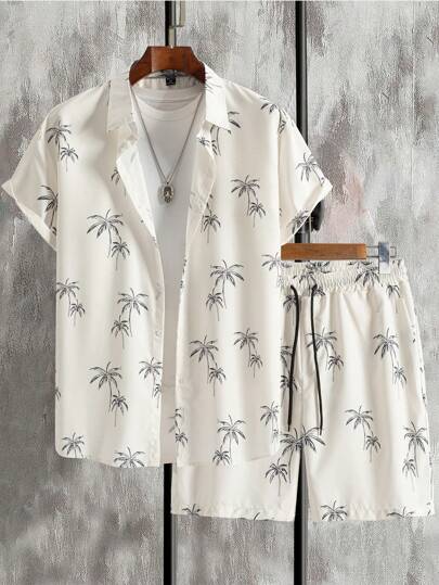 Manfinity RSRT 男士夏季度假休闲椰子树印花短袖衬衫和短裤套装，图案，有趣，度假，丈夫，色彩鲜艳，舒适服装